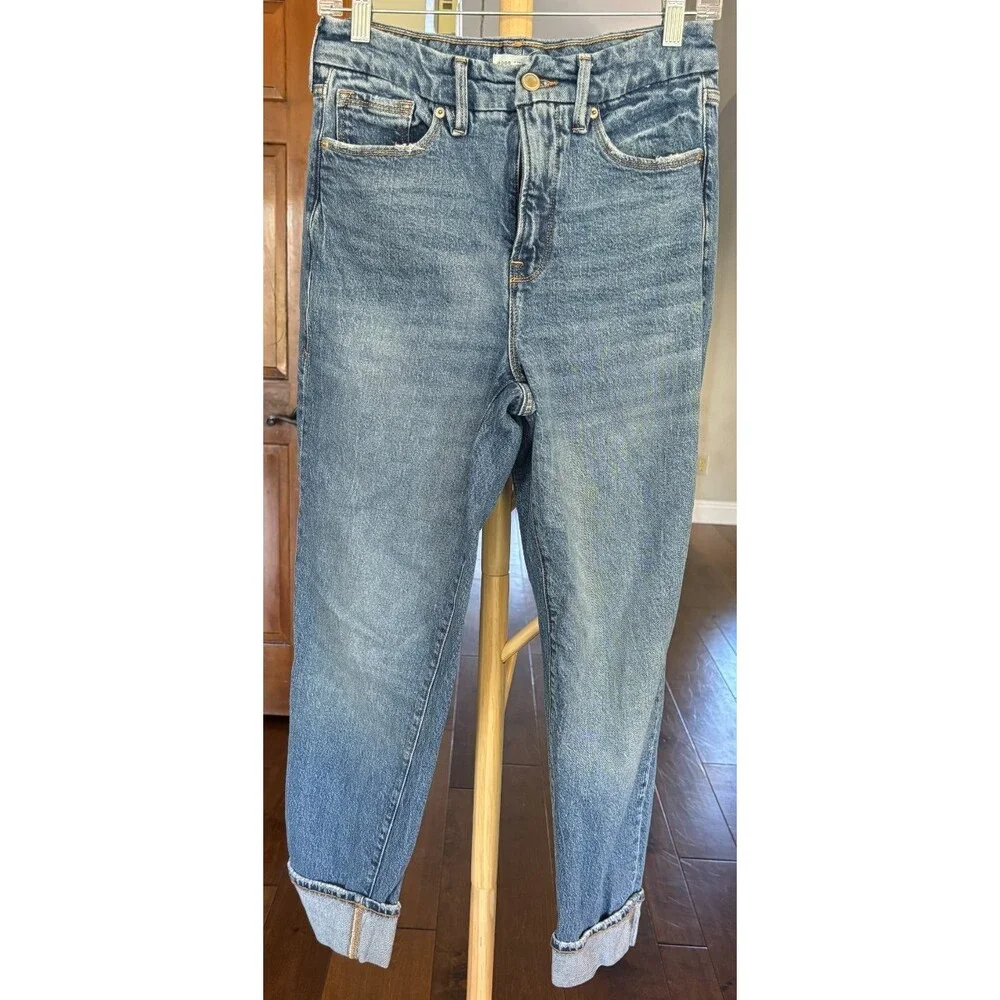 Good American The Weekender Cuffed Jeans Size 0/25 High Rise Relaxed Blue
